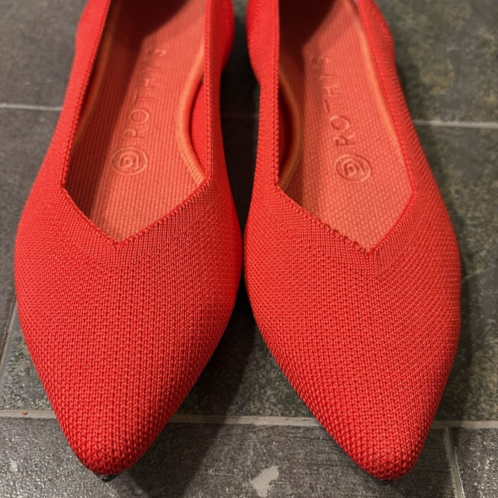 Rothy's Coral-Red Pointed Knit Flats with Blue Trim - Picture 8 of 10